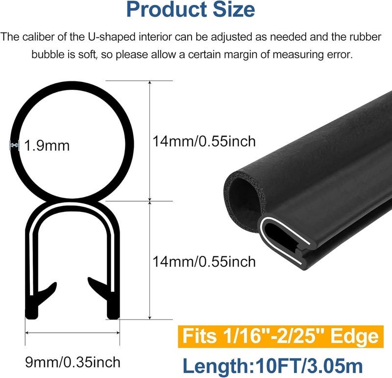 Kikerike Automotive Door Weather Stripping 10Ft Car Door Rubber Edge Trim Seal Strip Gasket with Top Bulb Easy to Install for Car Bus Camper Boat RV Truck Doors and Home Applications - Image 2